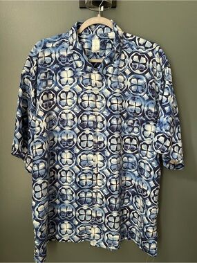 Men's Silk Casual Blue Patterned Short-Sleeve Shirt